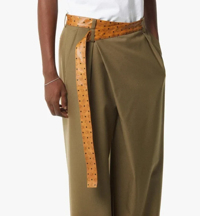 Pants in Wool Twill and Monogram Print Leather