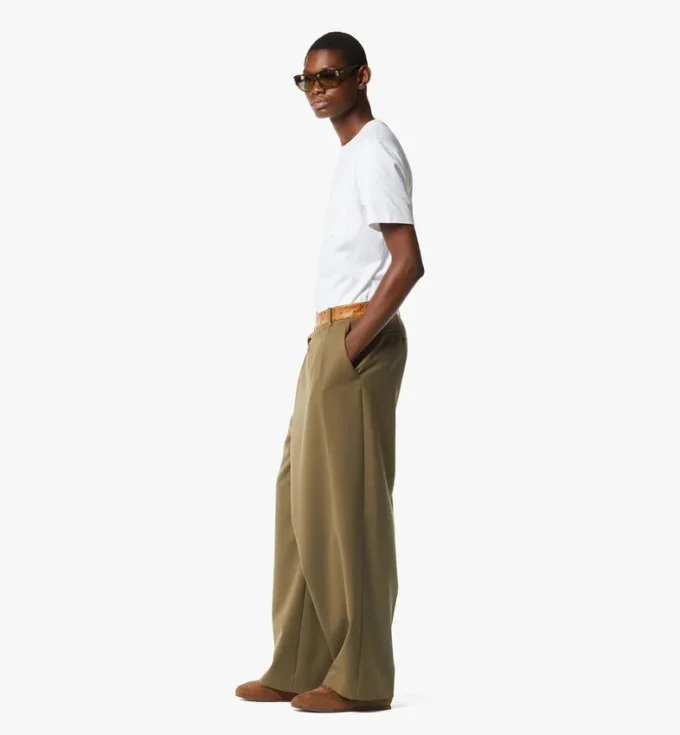 Pants in Wool Twill and Monogram Print Leather