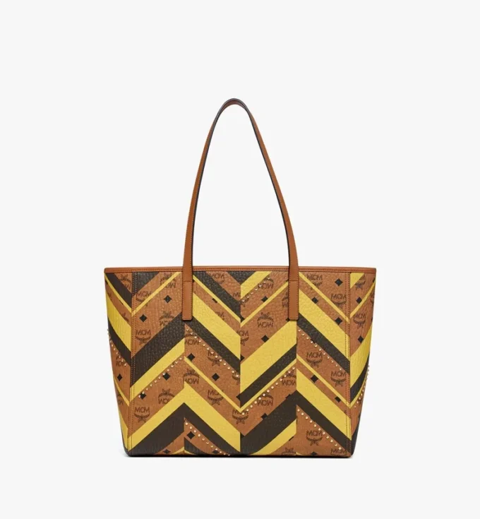 Studded Toni Top-Zip Shopper in Mega Herringbone Visetos